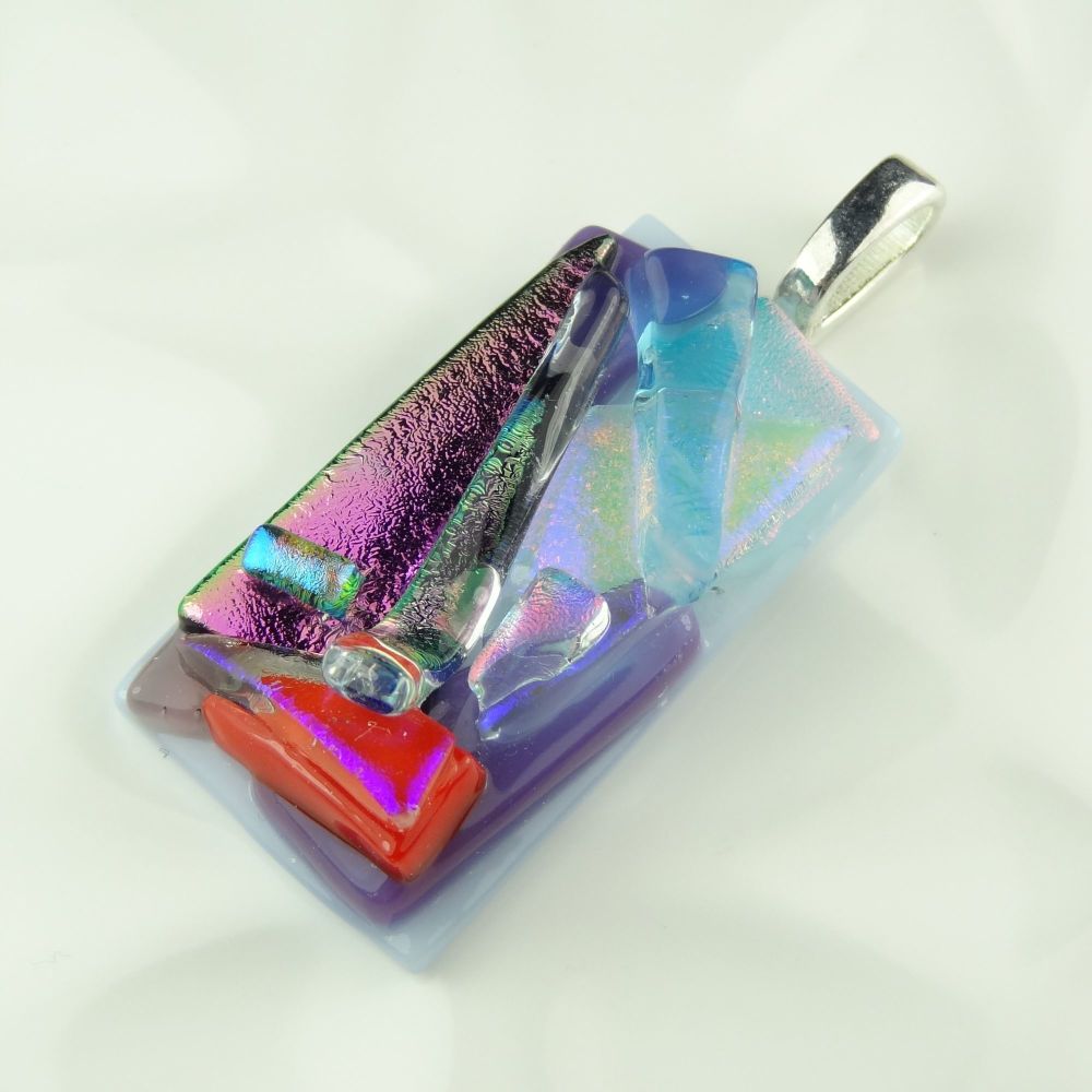 4.8cm multi-coloured textured dichroic glass pendant, with leather cord & gift box (#30297)