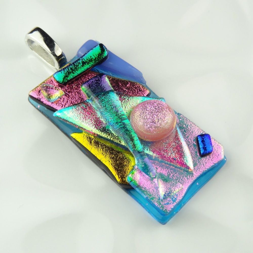 5.1cm multi-coloured textured dichroic glass pendant, with leather cord