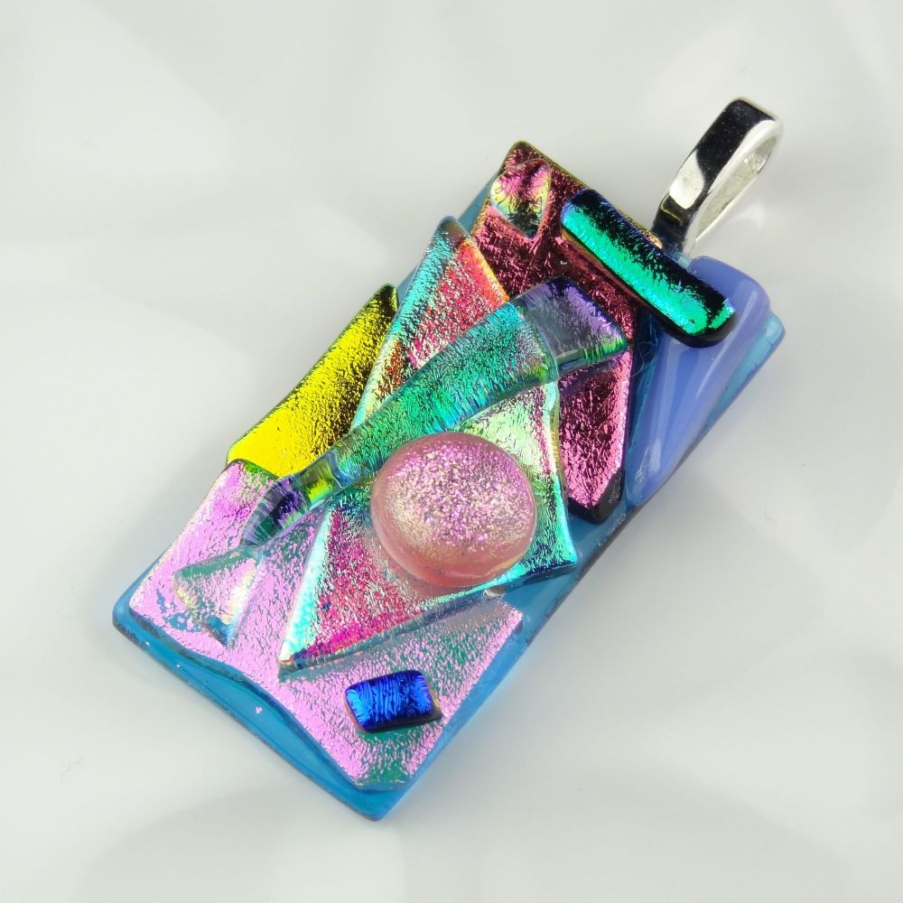 5.1cm multi-coloured textured dichroic glass pendant, with leather cord & gift box (#30551)