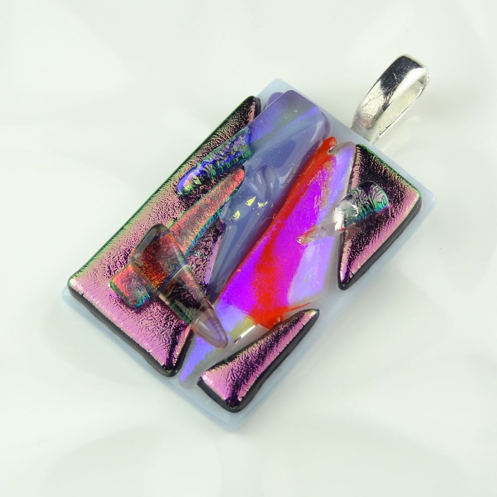 4.7cm multi-coloured textured dichroic glass pendant, with leather cord & gift box (#30145)