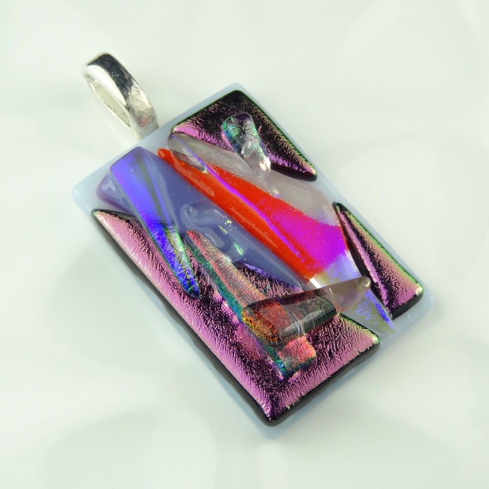 4.7cm multi-coloured textured dichroic glass pendant, with leather cord & gift box (#30145)