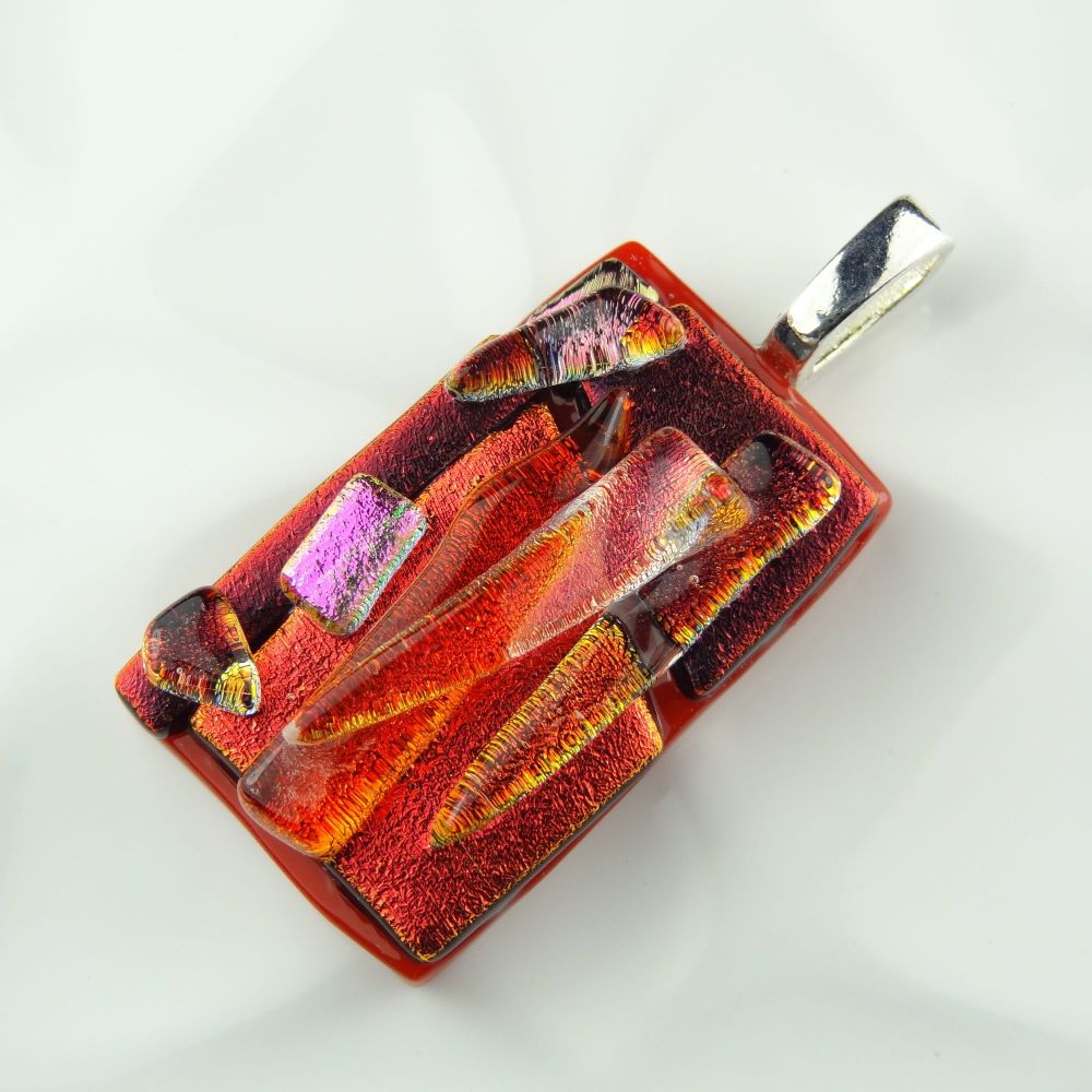 4.4cm textured, shades of red, genuine dichroic glass pendant, with leather cord & gift box (#30528)