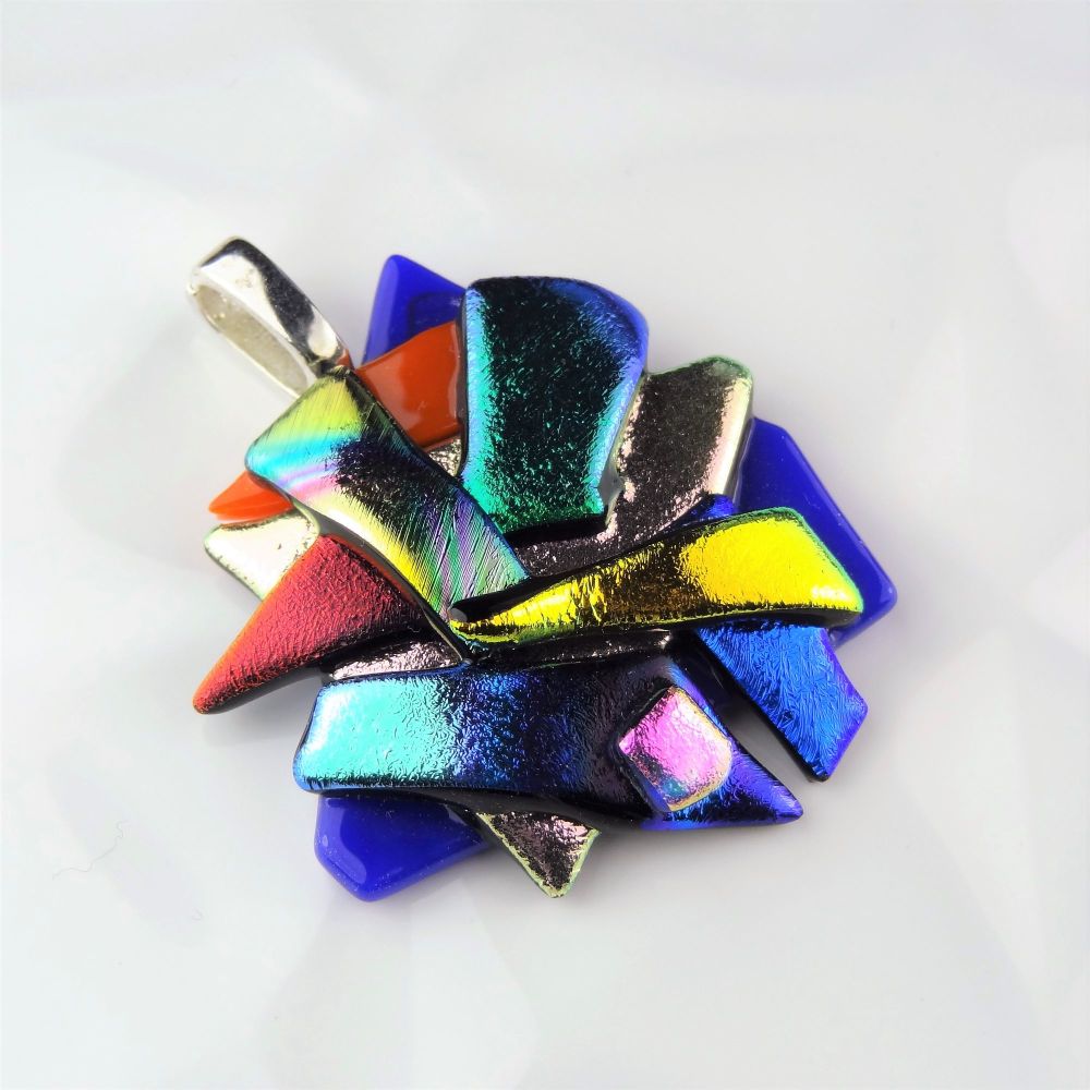 4.5cm textured, multi-coloured, genuine dichroic glass pendant, with leather cord & gift box (#30243)