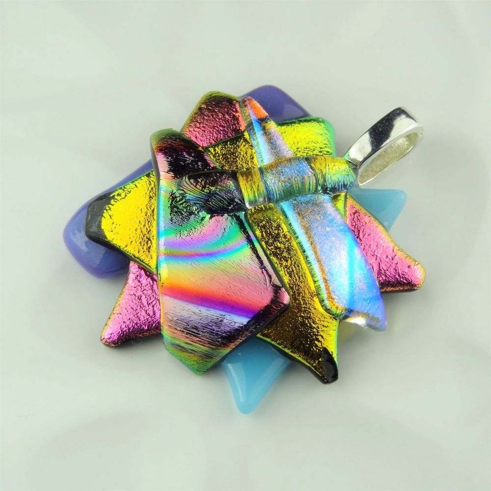 4.2cm textured, multi-coloured, genuine dichroic glass pendant, with leather cord & gift box (#30495)