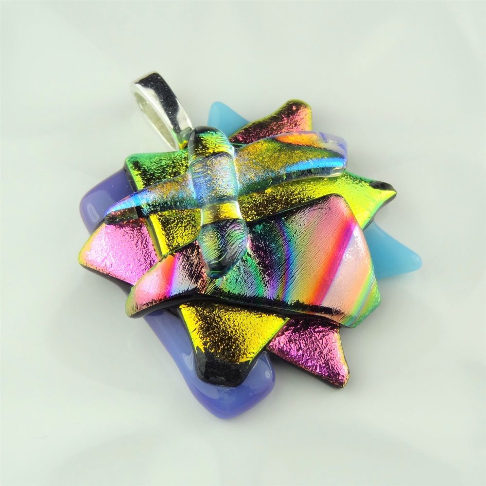 4.2cm textured, multi-coloured, genuine dichroic glass pendant, with leather cord & gift box (#30495)