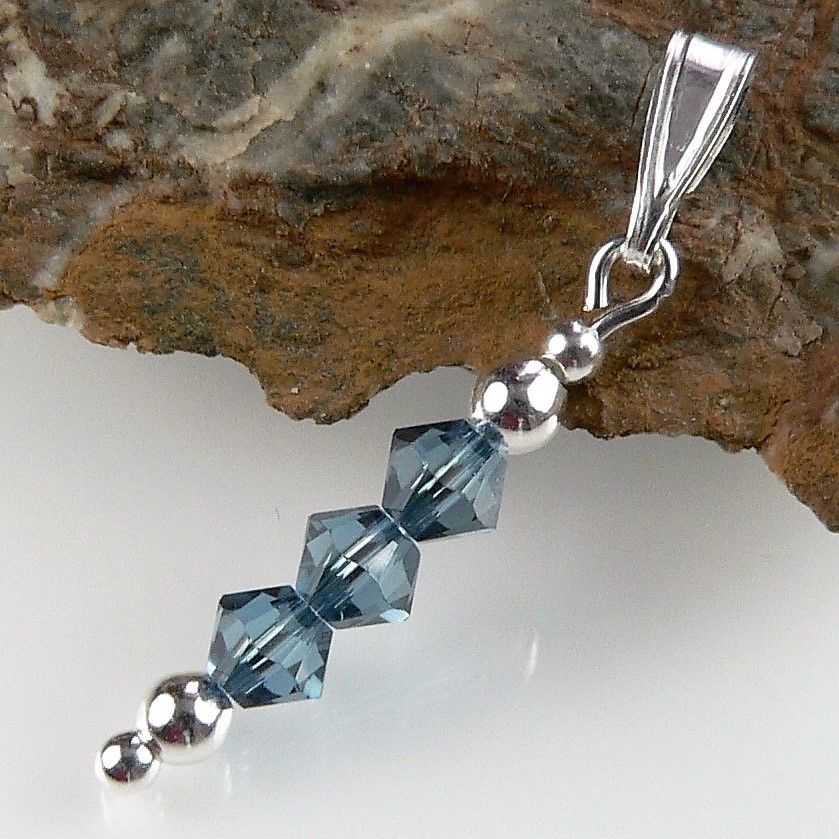 With/without a fine curb chain, sterling silver pendant made with 3 Swarovski Elements bicone crystals, in a gift box (Denim Blue)