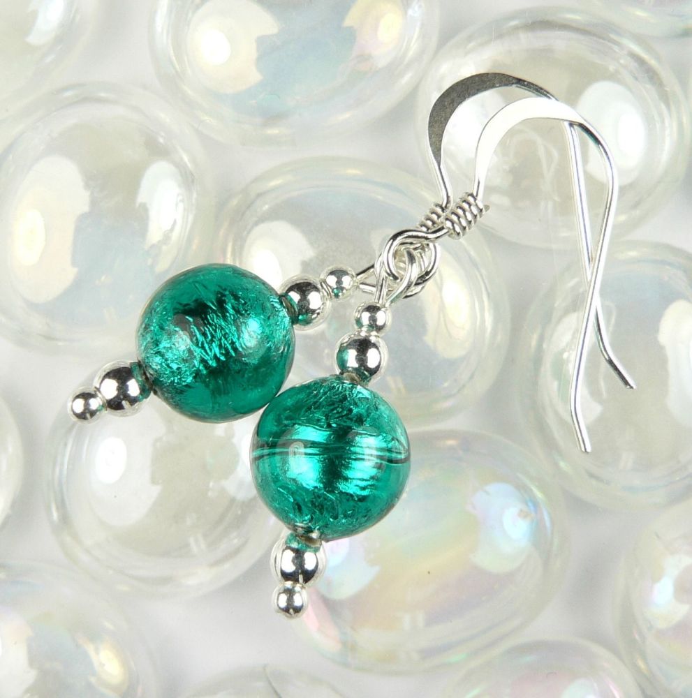 Sterling silver 6mm Murano glass drop earrings in a gift box (Emerald/Silve