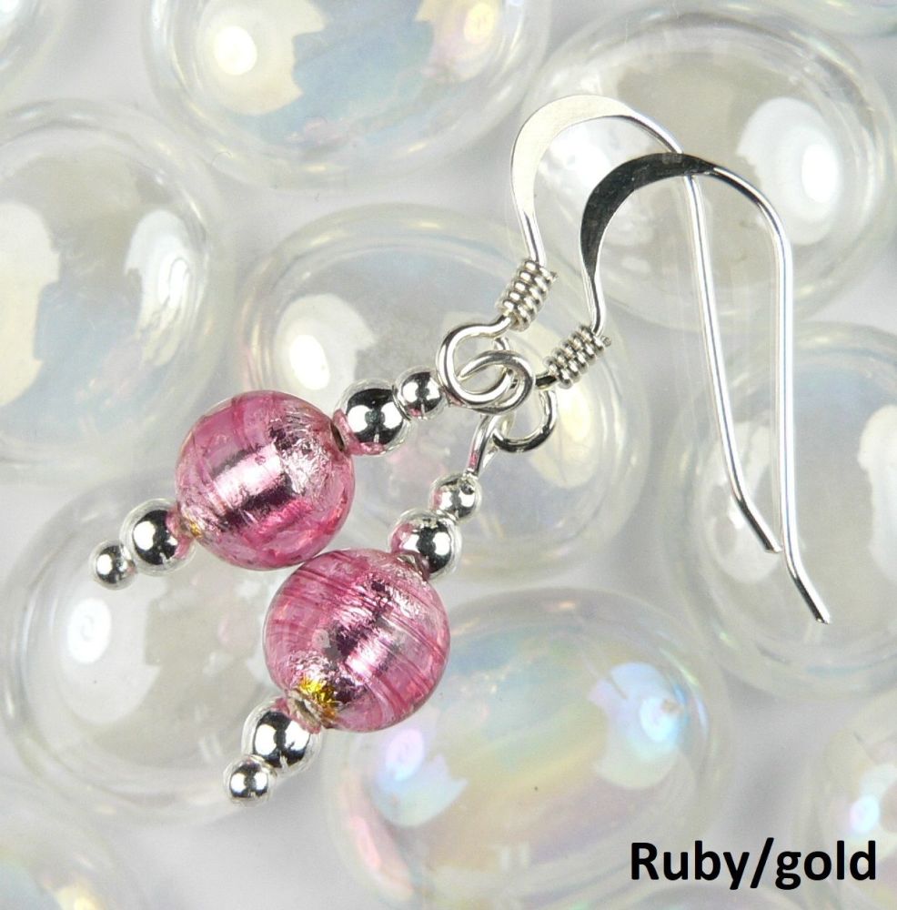 Sterling silver 6mm (+/-) Murano glass drop earrings in a gift box (Ruby/Gold)