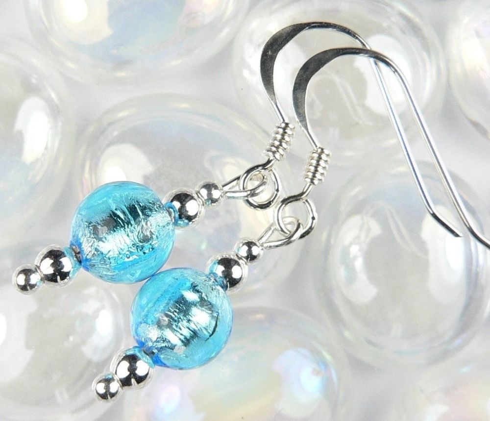 Sterling silver 6mm (+/-) Murano glass drop earrings in a gift box (Aquamarine/Silver)