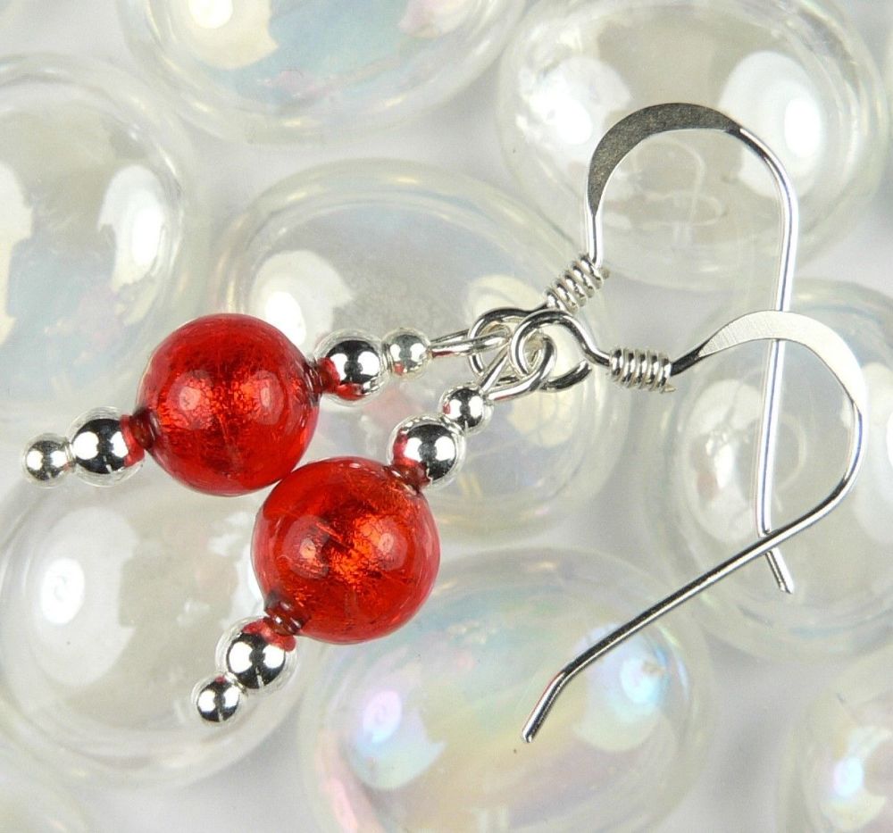 Sterling silver 6mm (+/-) Murano glass drop earrings in a gift box (Red/Gold)