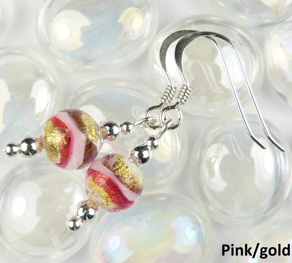 Sterling silver 6mm (+/-) Murano glass drop earrings in a gift box (Pink/Gold)