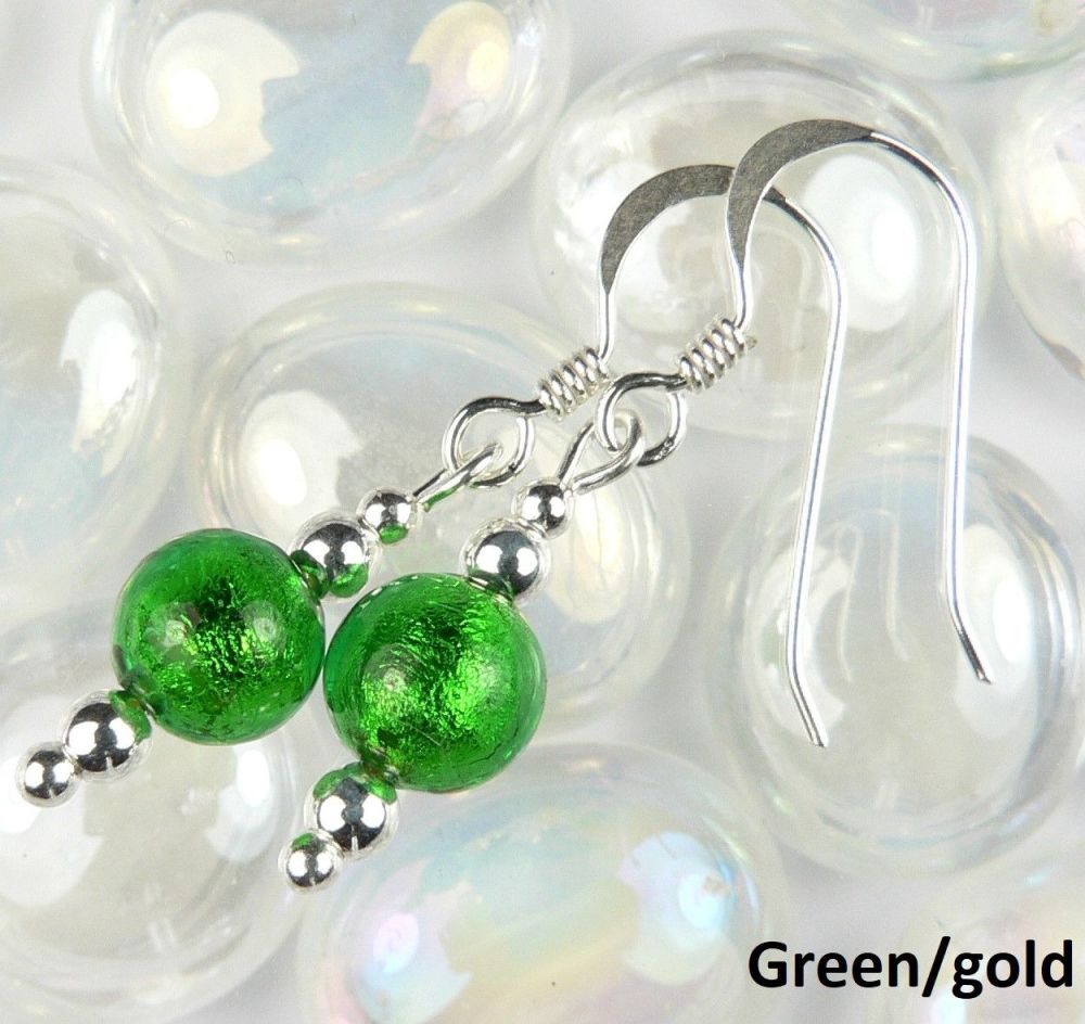 Sterling silver 6mm (+/-) Murano glass drop earrings in a gift box (Green/Gold)