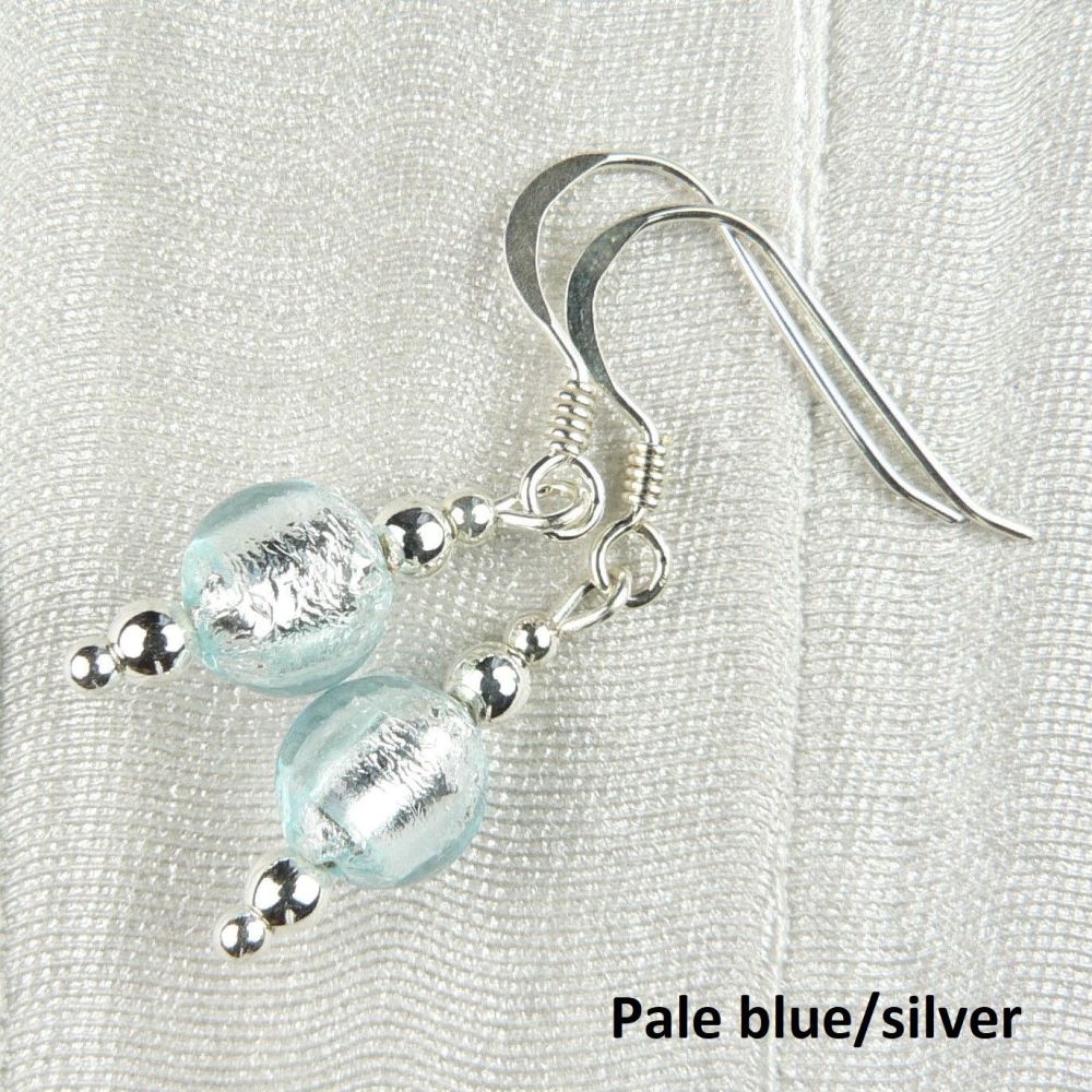 Sterling silver Murano glass drop earrings in a gift box (Pale Blue/Silver)