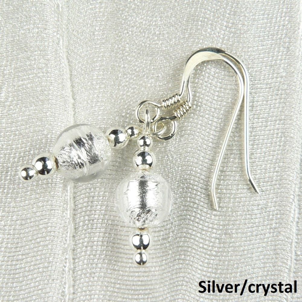 Sterling silver 6mm (+/-) Murano glass drop earrings in a gift box (Crystal/Silver)