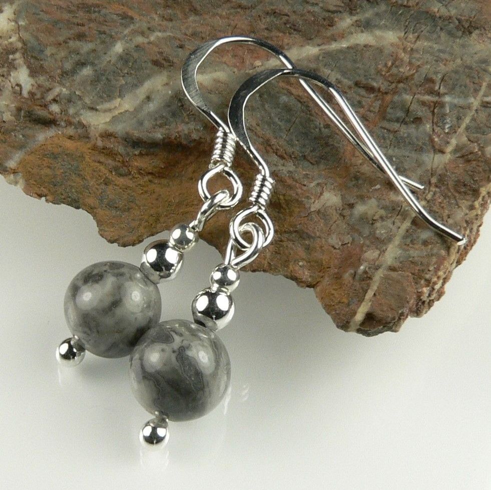 sterling silver grey crazy agate semi-precious stone earrings