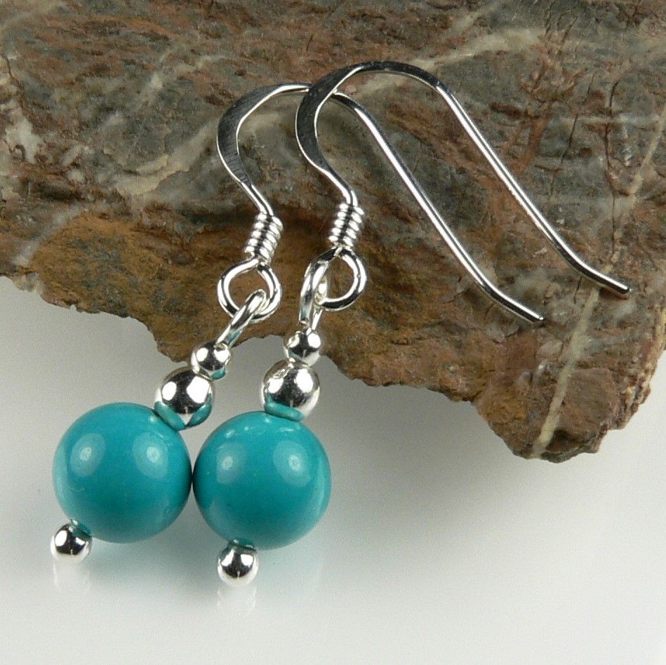 Blue Green Real 6mm Turquoise Gemstone & Sterling Silver Drop Earrings Gift Box