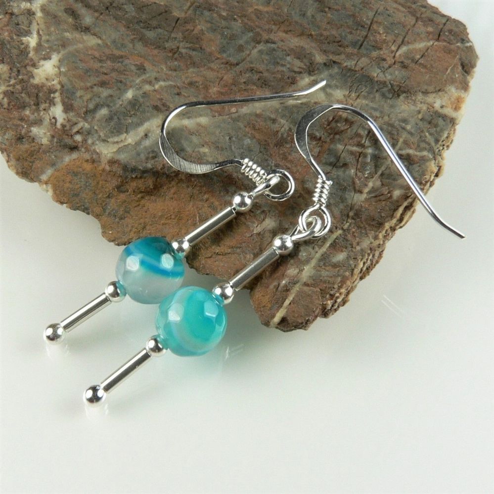 Sterling silver 6mm (+/-) blue Banded Agate (dyed) semi-precious stone drop earrings, in a gift box