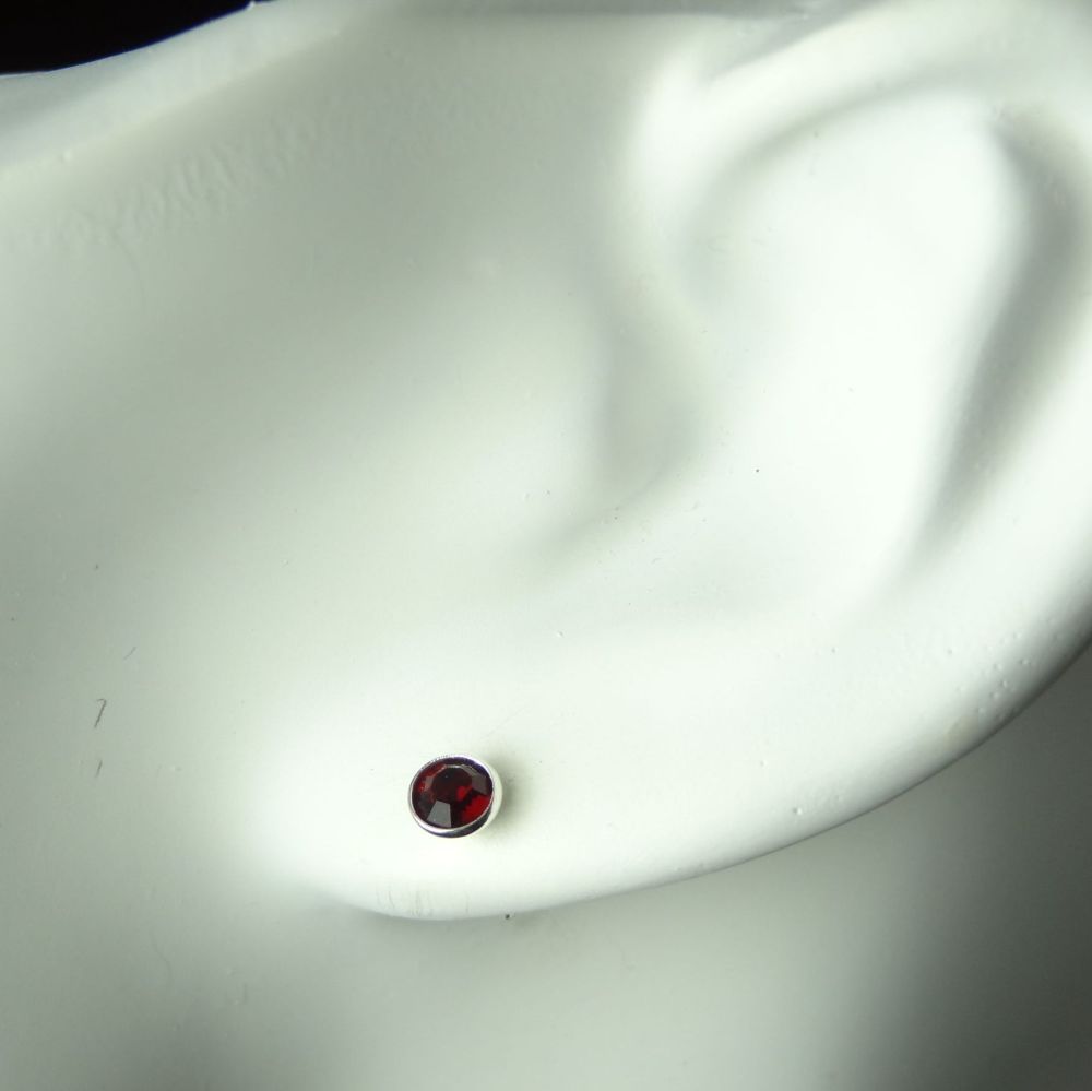 Dainty 4.5mm sterling silver stud earrings made with Swarovski crystals, in a gift box (Garnet coloured/January birthstone)