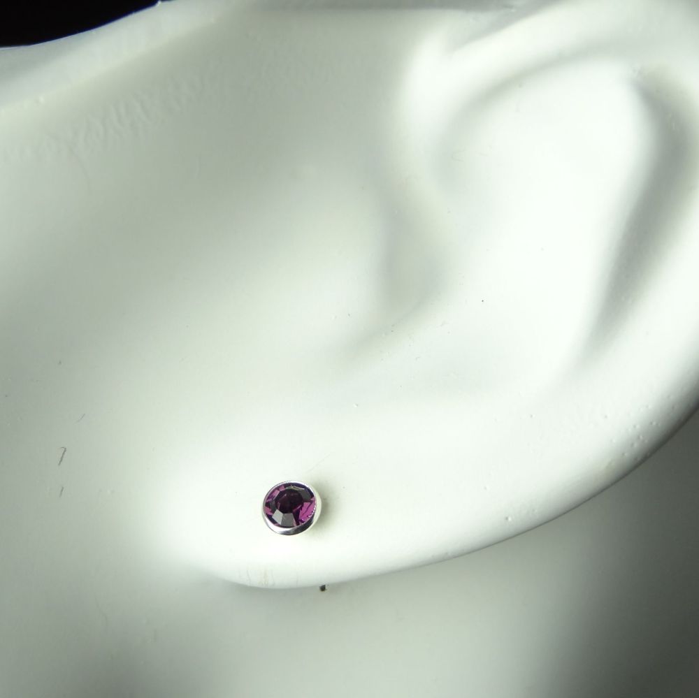 Dainty 4.5mm sterling silver stud earrings made with Swarovski crystals, in a gift box (Amethyst coloured/February birthstone)