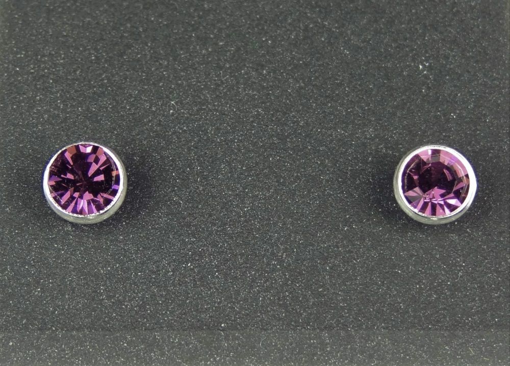 Dainty 4.5mm sterling silver stud earrings made with Swarovski crystals, in a gift box (Amethyst coloured/February birthstone)