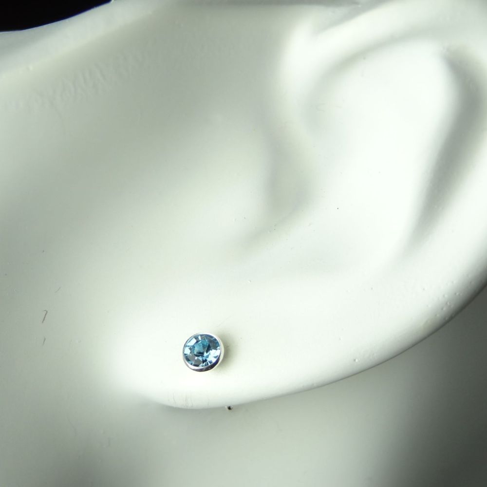 Dainty 4.5mm sterling silver stud earrings made with Swarovski crystals, in a gift box (Aquamarine coloured/March birthstone)