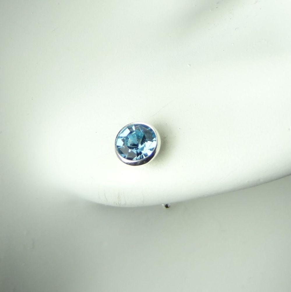 Dainty 4.5mm sterling silver stud earrings made with Swarovski crystals, in a gift box (Aquamarine coloured/March birthstone)