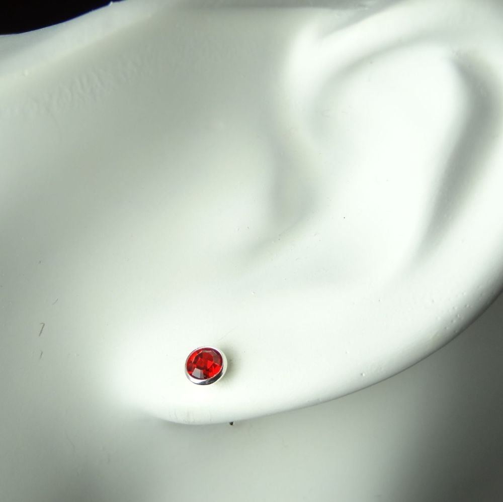 Dainty 4.5mm sterling silver stud earrings made with Swarovski crystals, in a gift box (Ruby coloured/July birthstone)