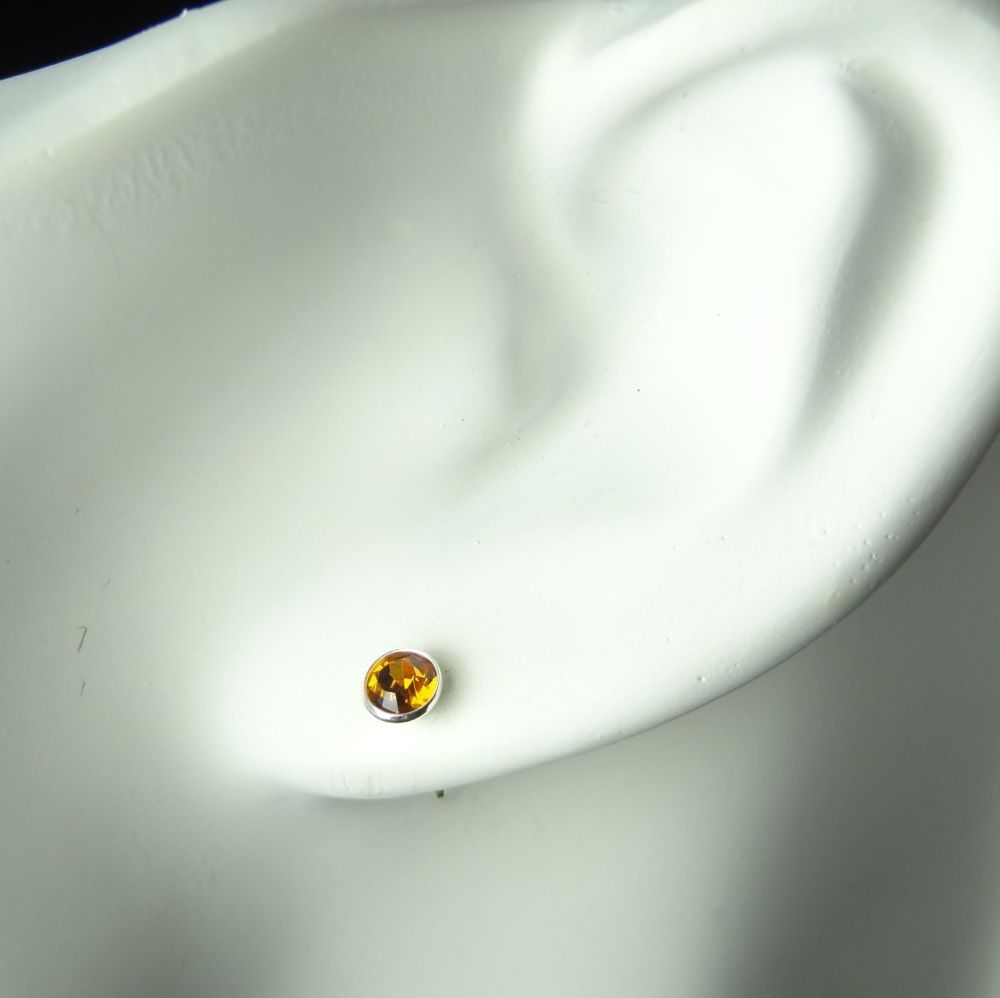 Dainty 4.5mm sterling silver stud earrings made with Swarovski crystals, in a gift box (Topaz coloured/November birthstone)