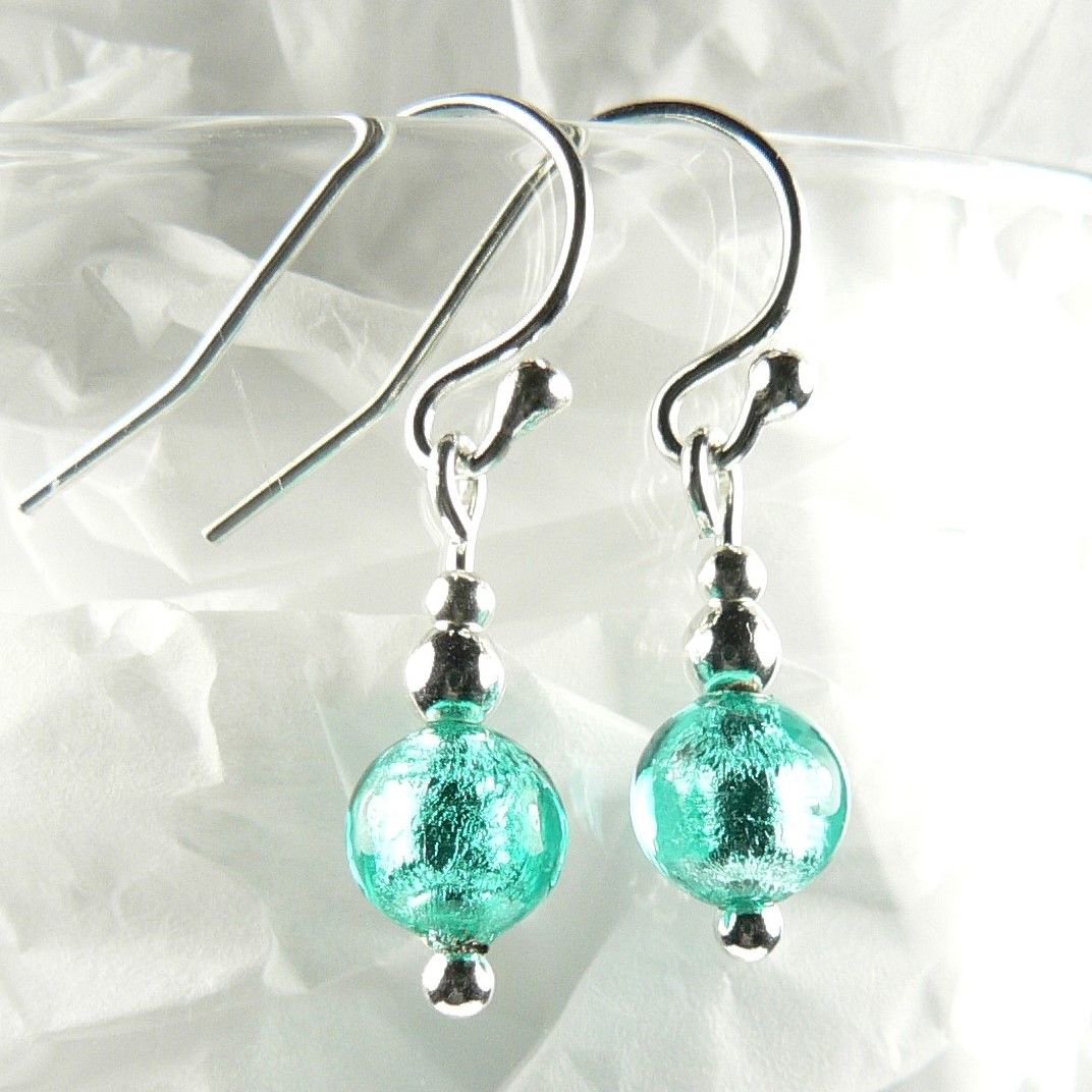 Sterling silver 6mm (+/-) Murano glass drop earrings in a gift box - Verde Marino Silver Foiled