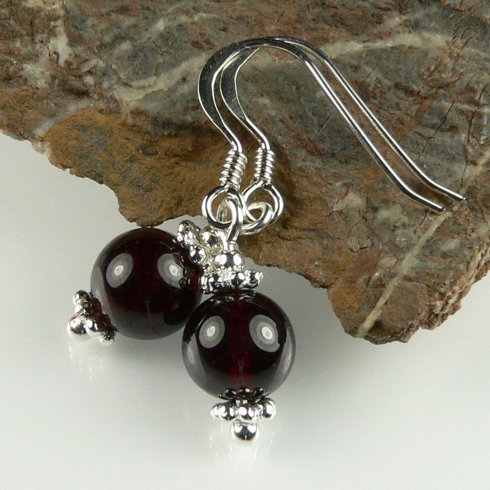 Sterling silver 8mm (+/-) AA Grade Garnet semi-precious stone & daisies drop earrings, in a gift box