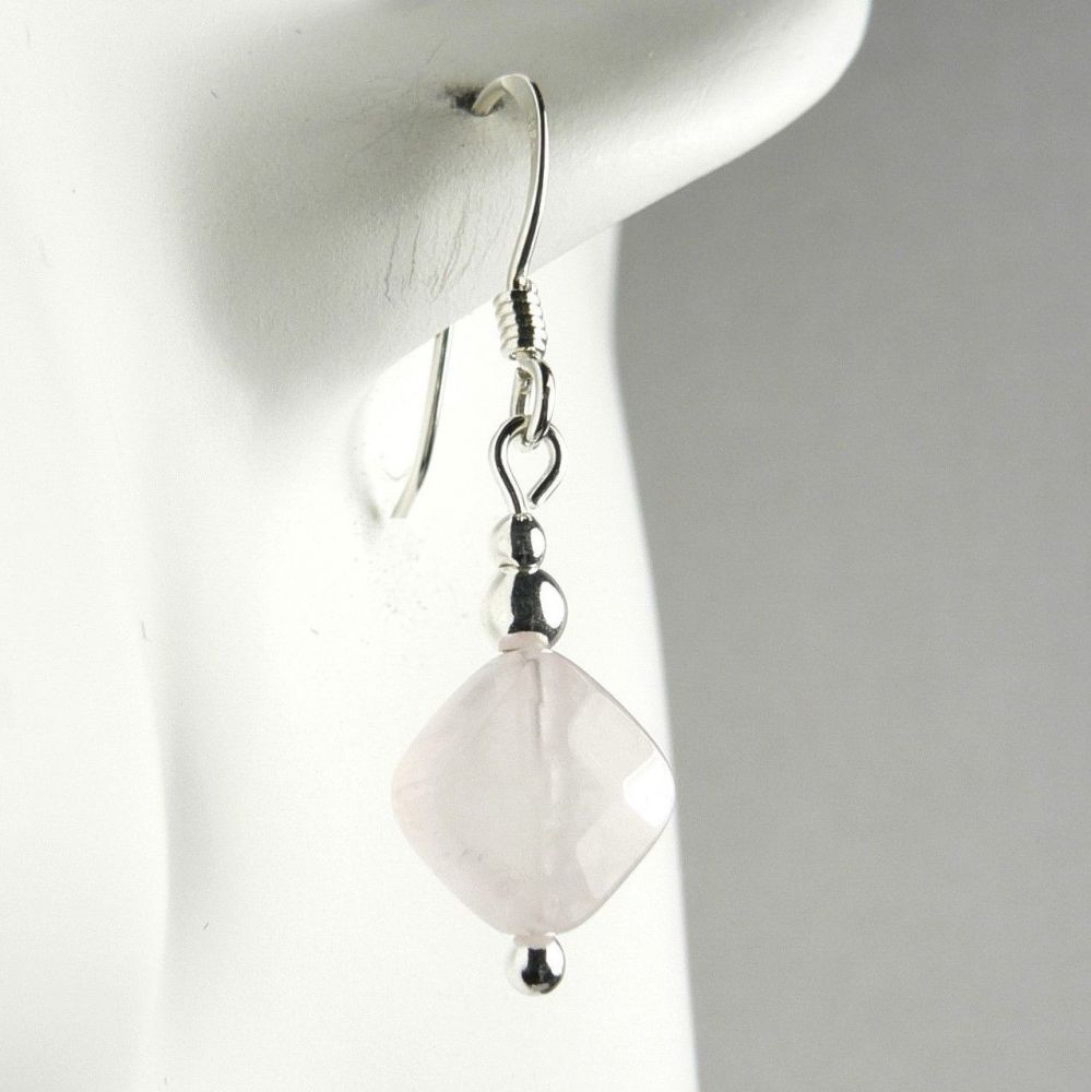 Sterling silver faceted diamond/rhombus shaped pale pink Rose Quartz earrin