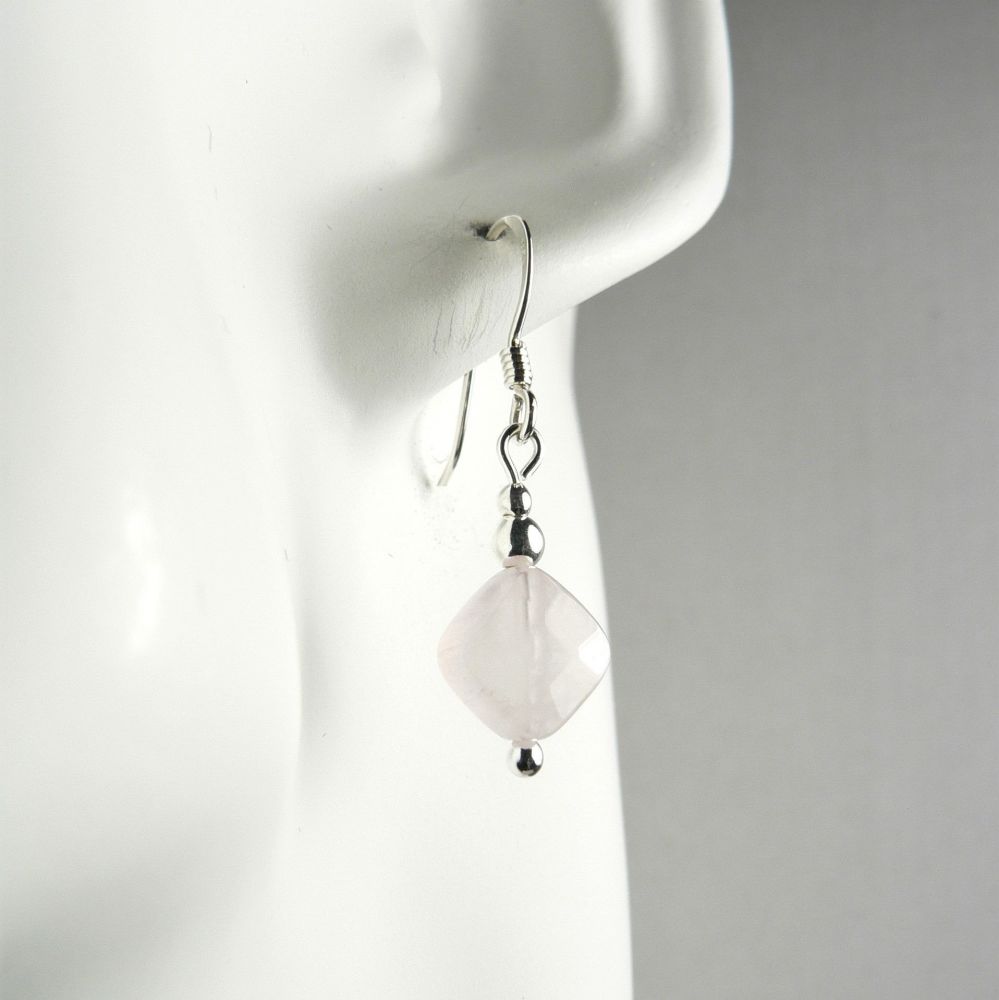 Sterling silver & 8mm (+/-) faceted diamond/rhombus shaped Rose Quartz semi-precious stone drop earrings, in a gift box