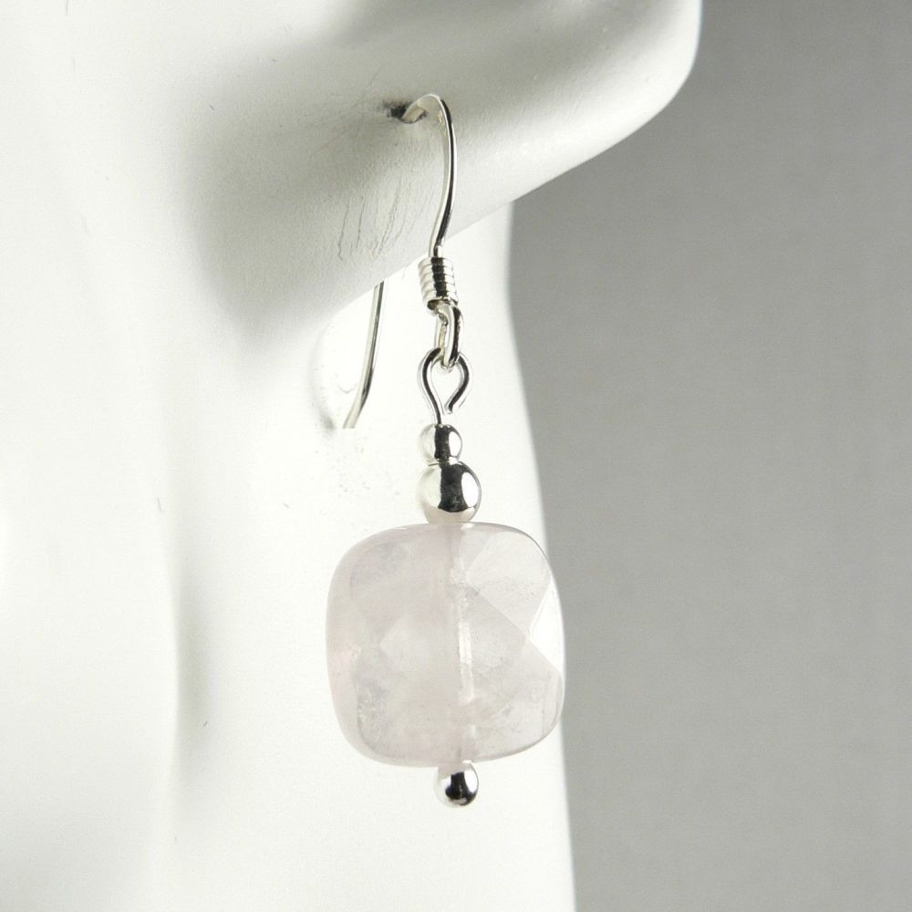 Sterling silver & 10mm (+/-) faceted square/slab shaped Rose Quartz semi-precious stone drop earrings, in a gift box