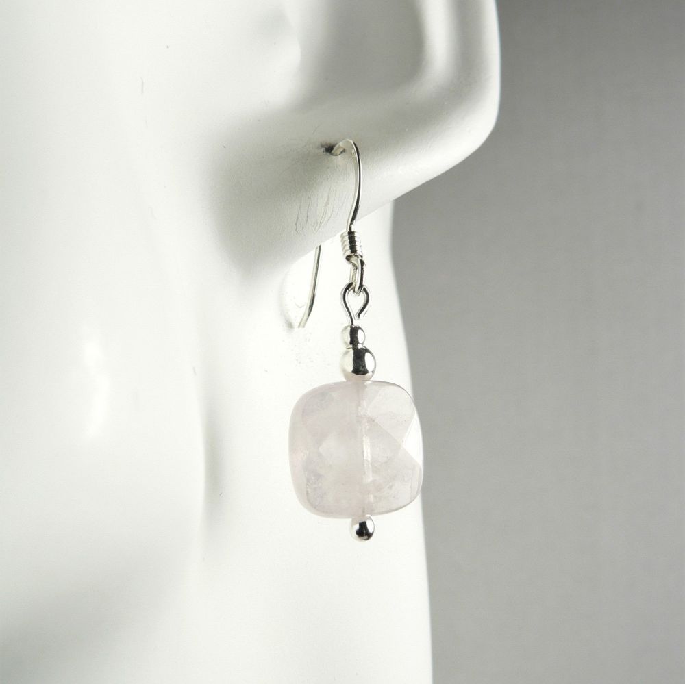 Sterling silver & 10mm (+/-) faceted square/slab shaped Rose Quartz semi-precious stone drop earrings, in a gift box