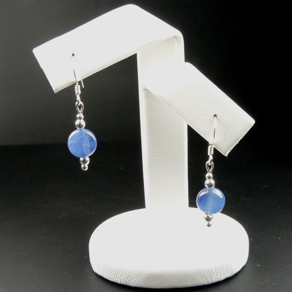 Sterling silver & 8mm (+/-) Grade A Kyanite coin semi-precious stone earrings, in a gift box