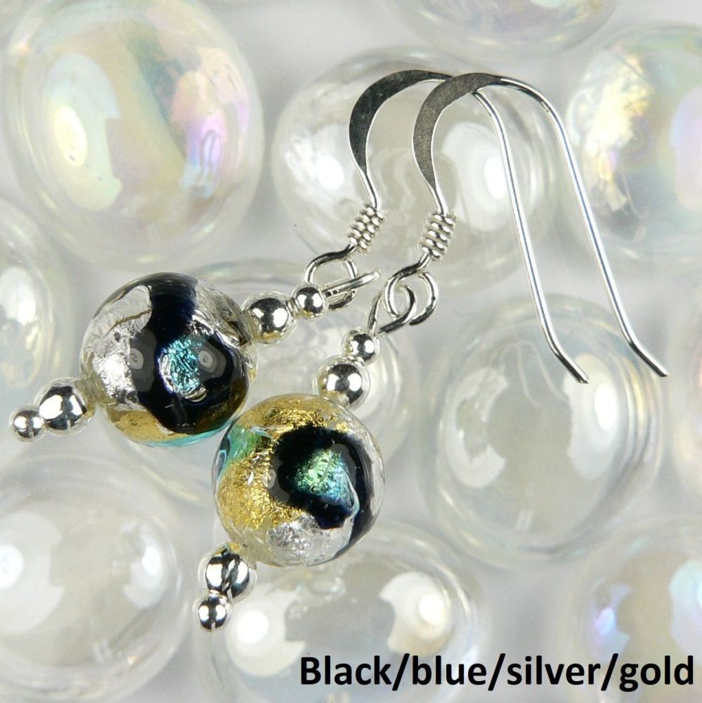 Sterling silver 8mm (+/-) Murano glass drop earrings in a gift box (Black /Blue/Silver/Gold)