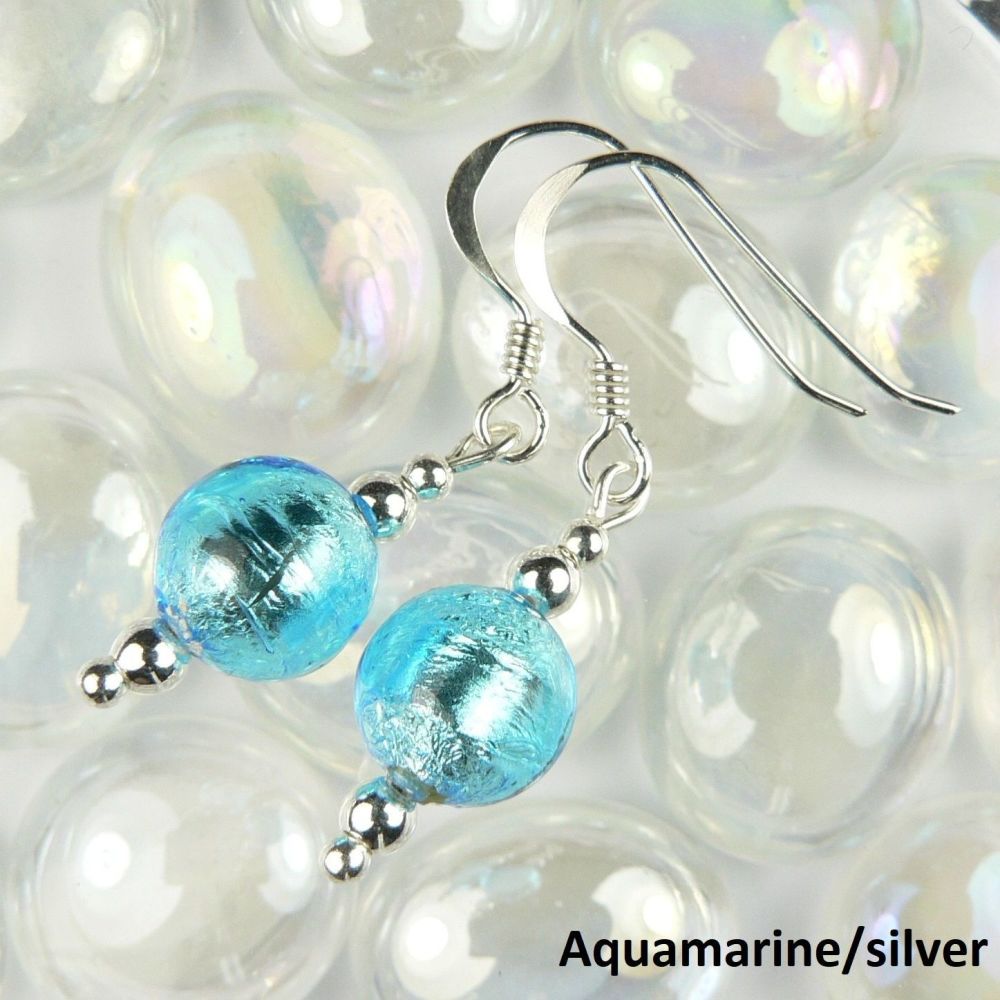 Aquamarine & silver Murano glass drop earrings