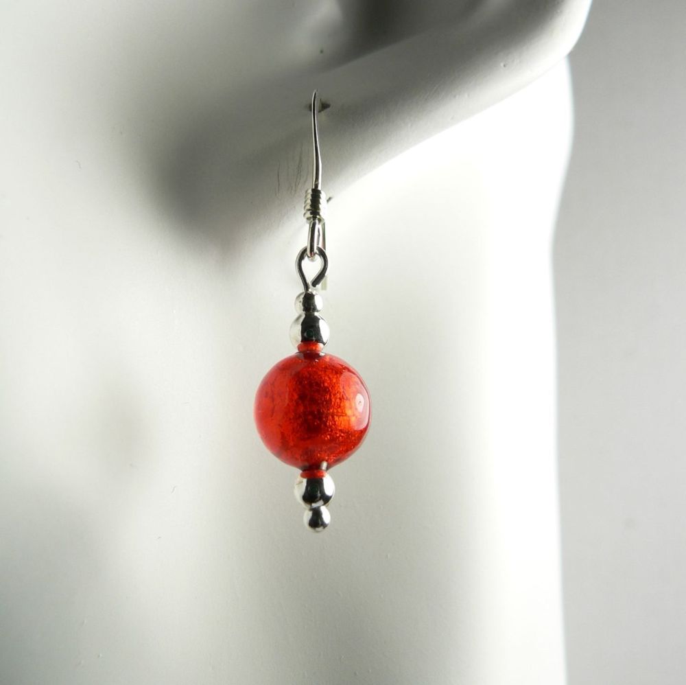 Sterling silver 8mm (+/-) Murano glass drop earrings in a gift box (Red & Gold)