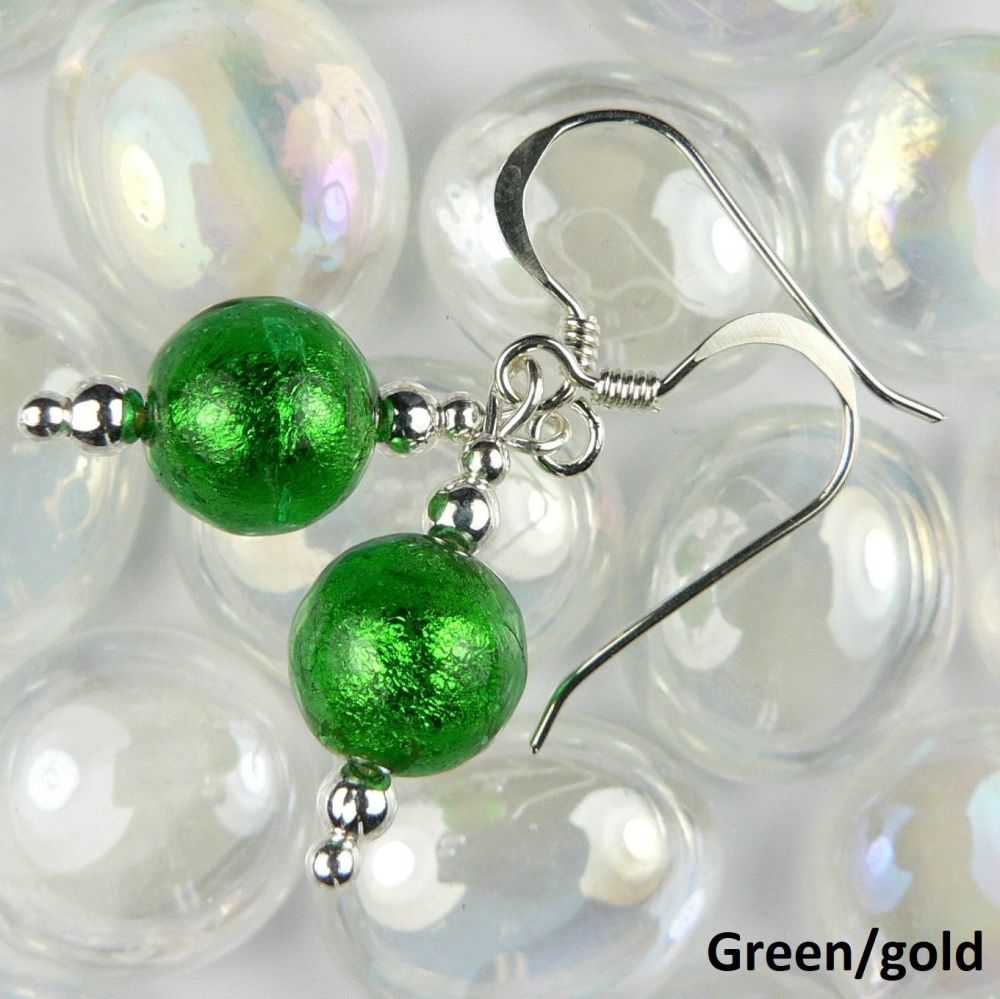 Sterling silver 8mm (+/-) Murano glass drop earrings in a gift box (Green & Gold)