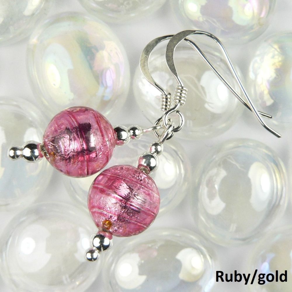 Sterling silver 8mm (+/-) Murano glass drop earrings in a gift box (Ruby & 