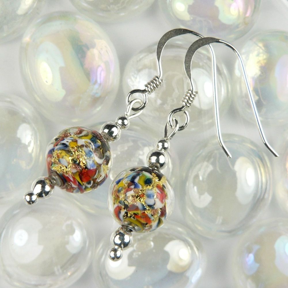 Sterling silver 7mm (+/-) Murano glass drop earrings in a gift box (multi-gold)