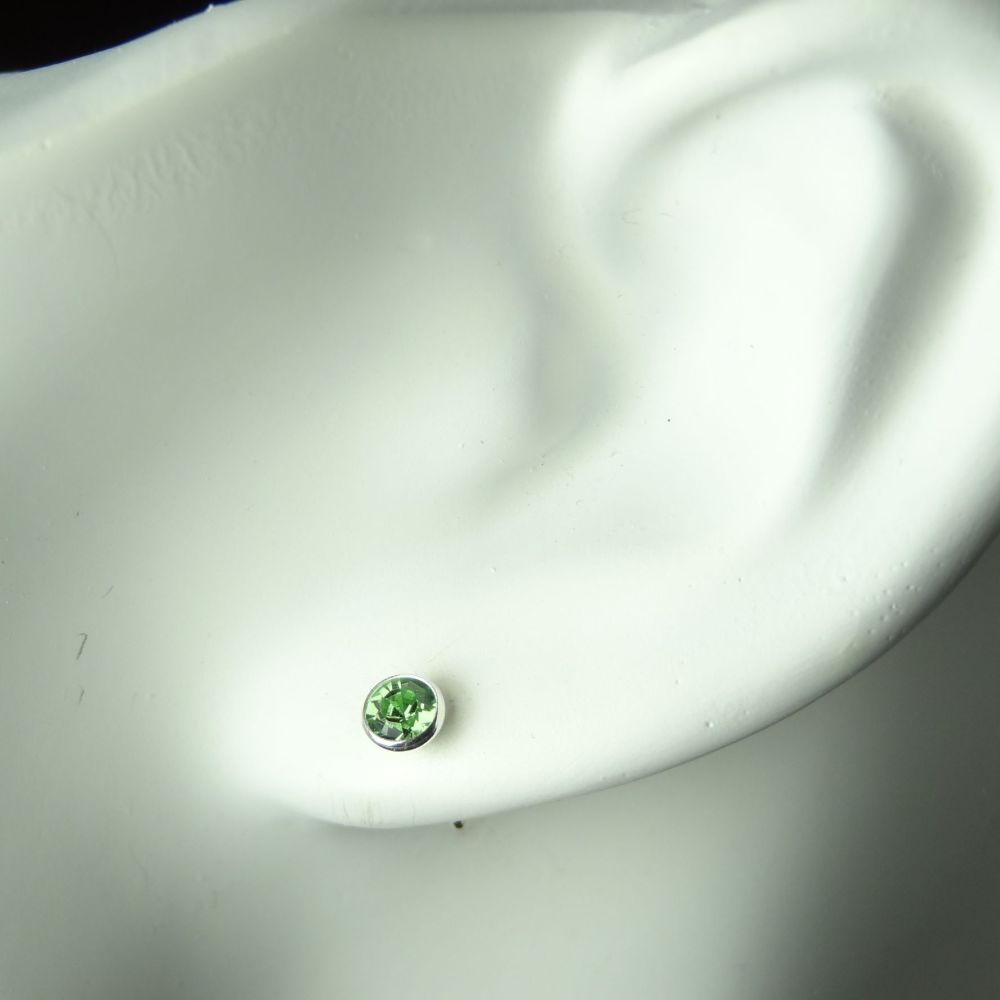 Dainty 4.5mm sterling silver stud earrings made with Swarovski crystals, in a gift box (Peridot coloured/August birthstone)