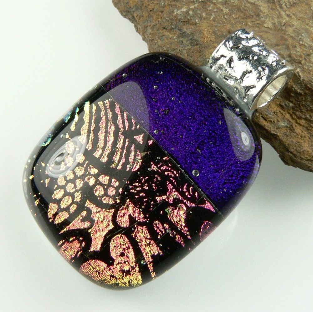 3.6cm multi-coloured genuine Dichroic glass pendant, with leather cord & gift box (#8866)