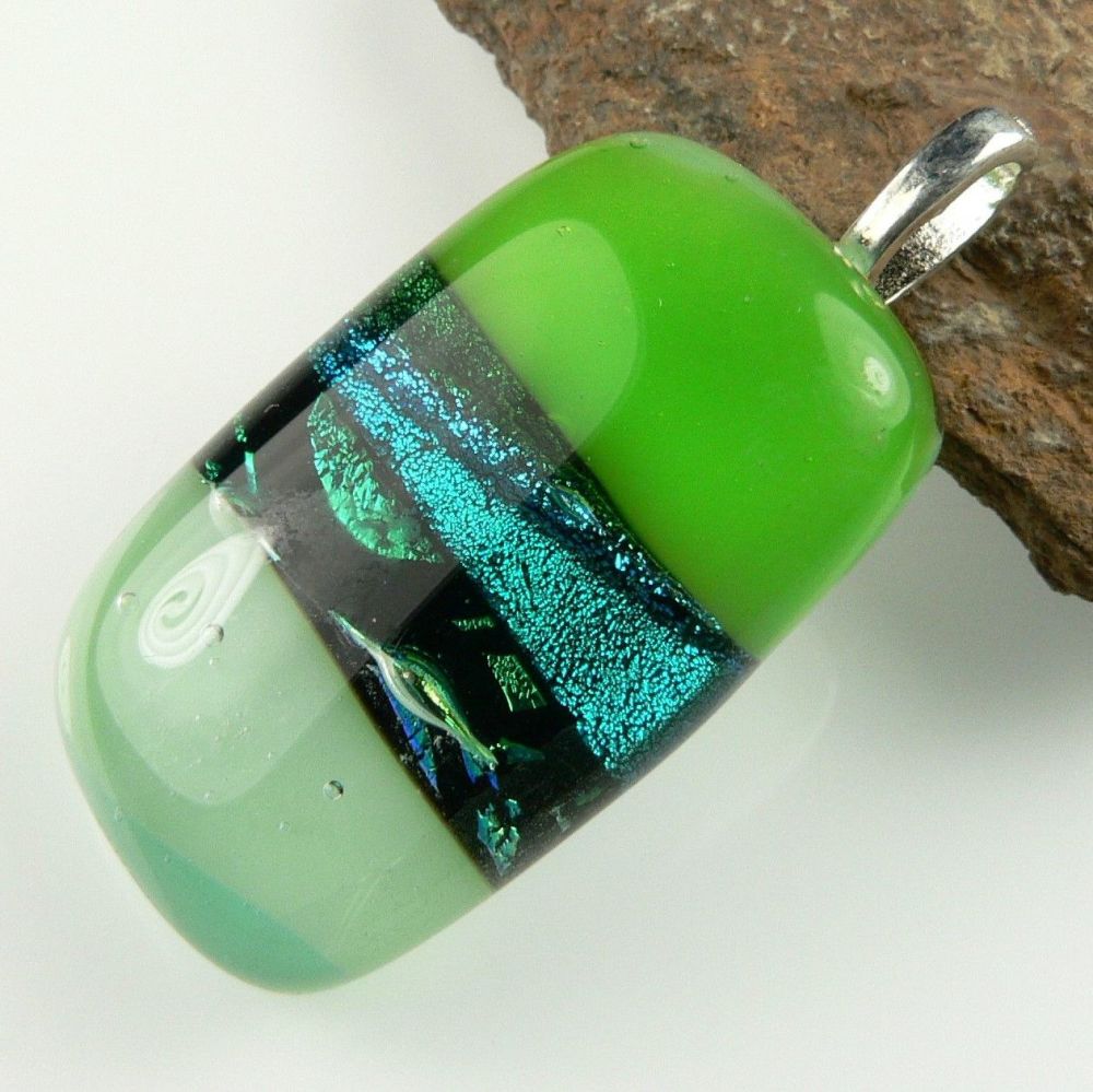 3.8cm green genuine Dichroic glass pendant, with leather cord & gift box (#8960)