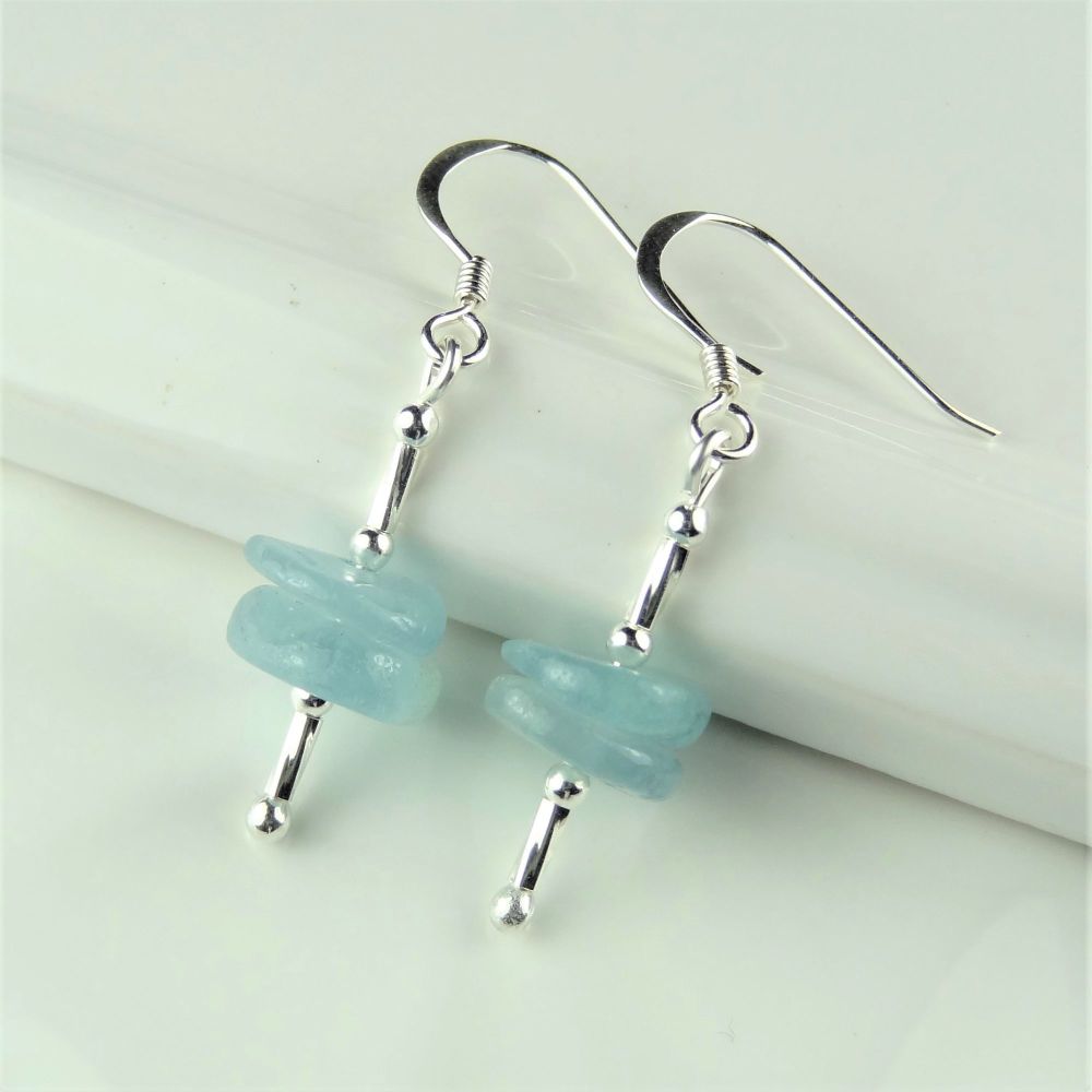 Aquamarine semi-precious stone & sterling silver drop earrings, in a gift box (twists)