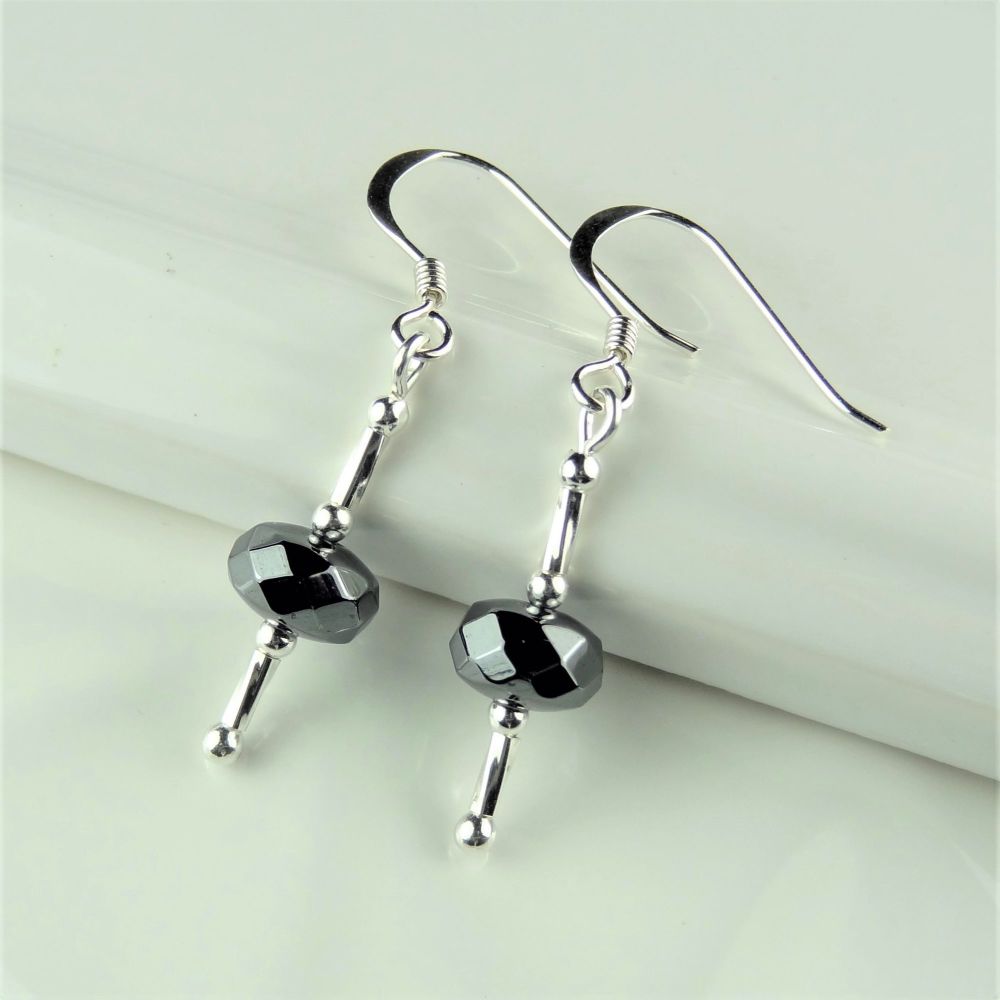 Faceted Hematite semi-precious stone & sterling silver drop earrings, in a gift box (twists)