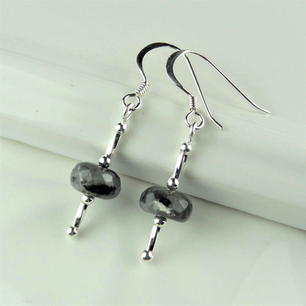 Faceted Larvikite semi-precious stone & sterling silver drop earrings, in a gift box (twists)