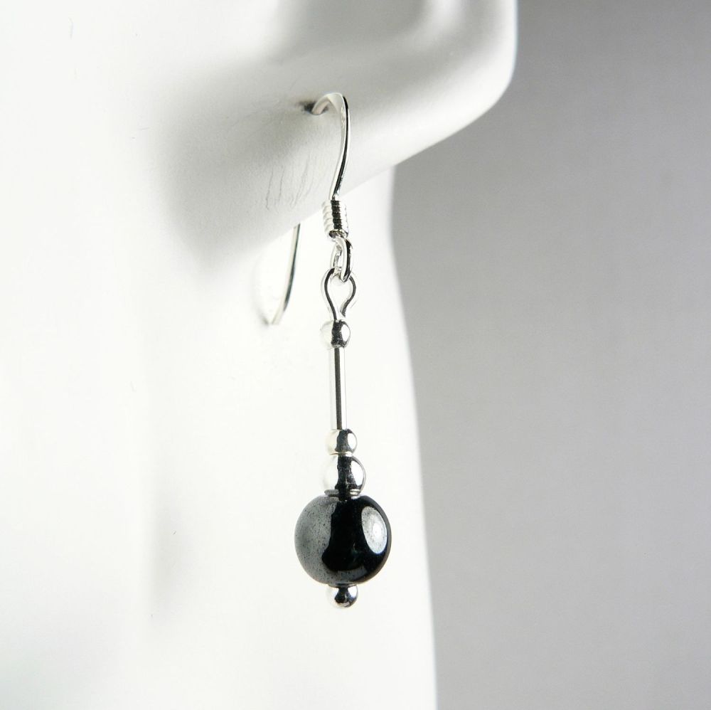 Sterling silver 6mm (+/-) Hematite semi-precious stone drop earrings, in a gift box (M)