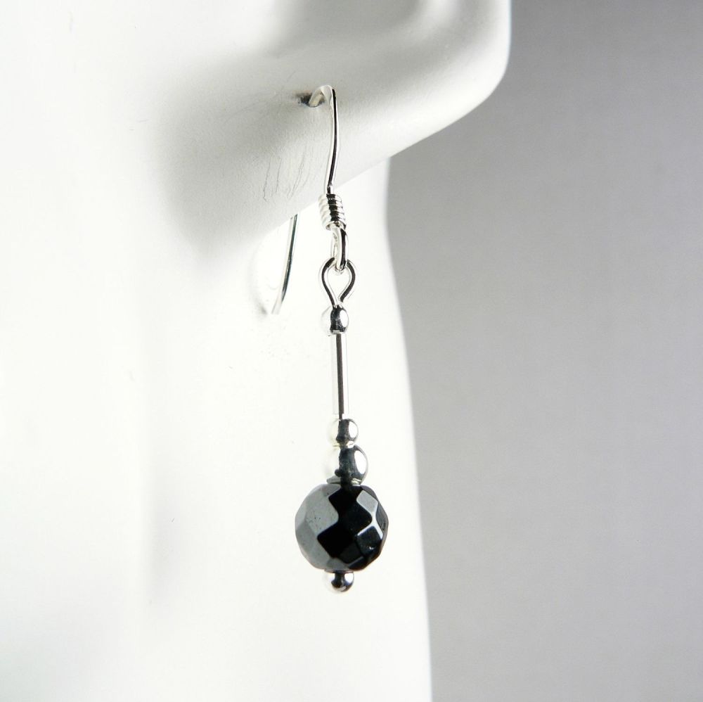 Sterling silver 6mm (+/-) faceted Hematite semi-precious stone drop earrings, in a gift box (M)