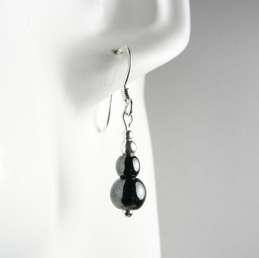 Sterling silver 6mm & 4mm (+/-) Hematite semi-precious stone drop earrings, in a gift box